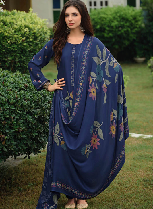 Party Wear Blue Unstitched Pashmina Winter Suit Material for Women