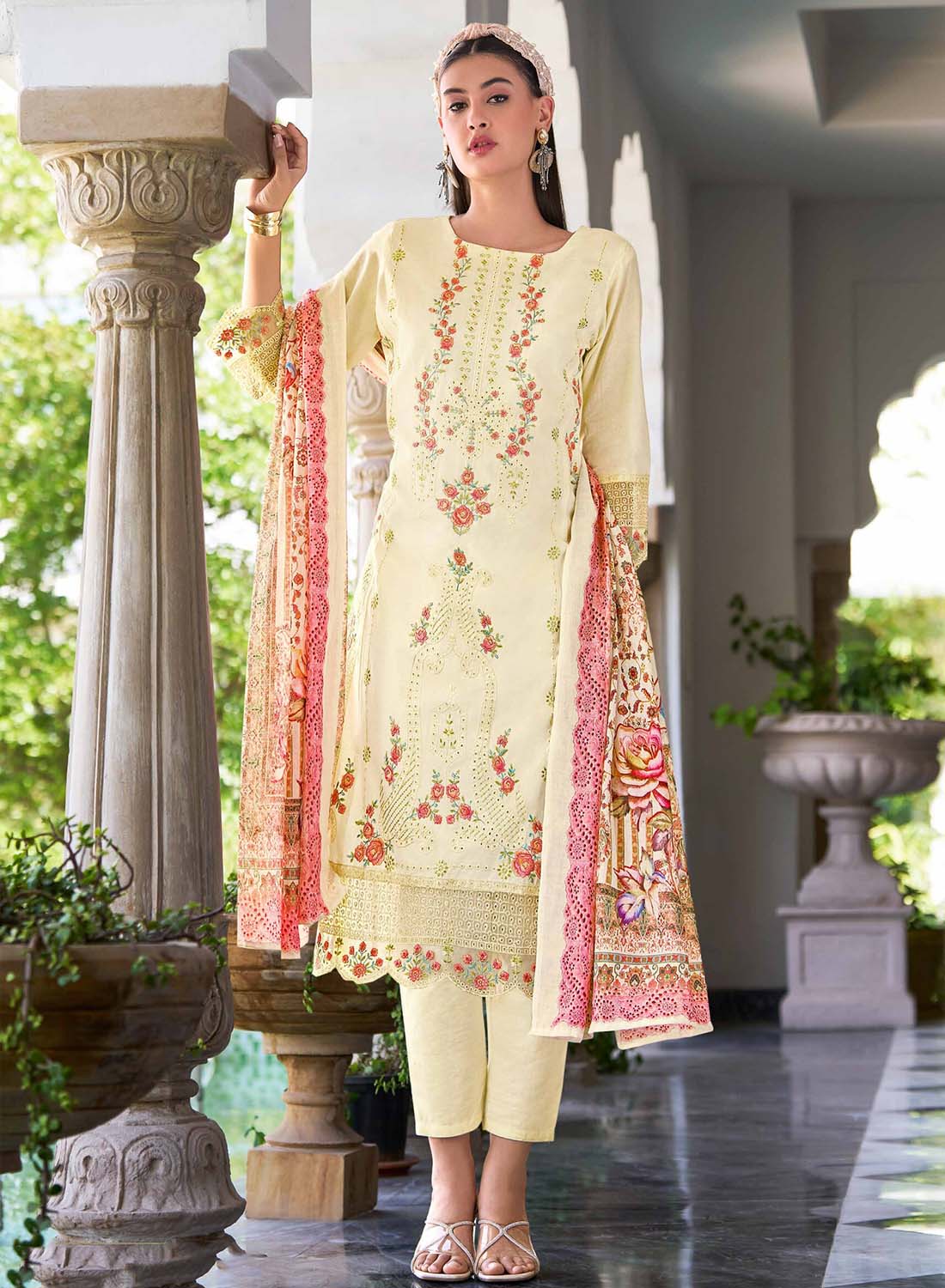 Cream Unstitched Cotton Pakistani Suit Material with Embroidery for Women