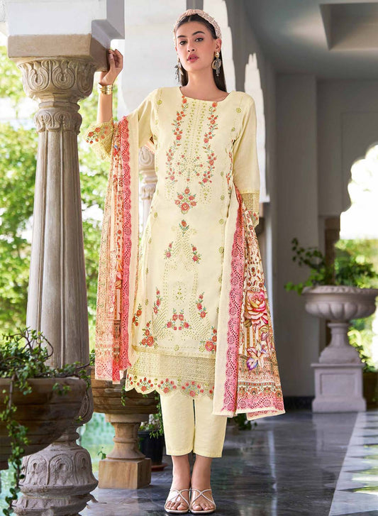 Cream Unstitched Cotton Pakistani Suit Material with Embroidery for Women