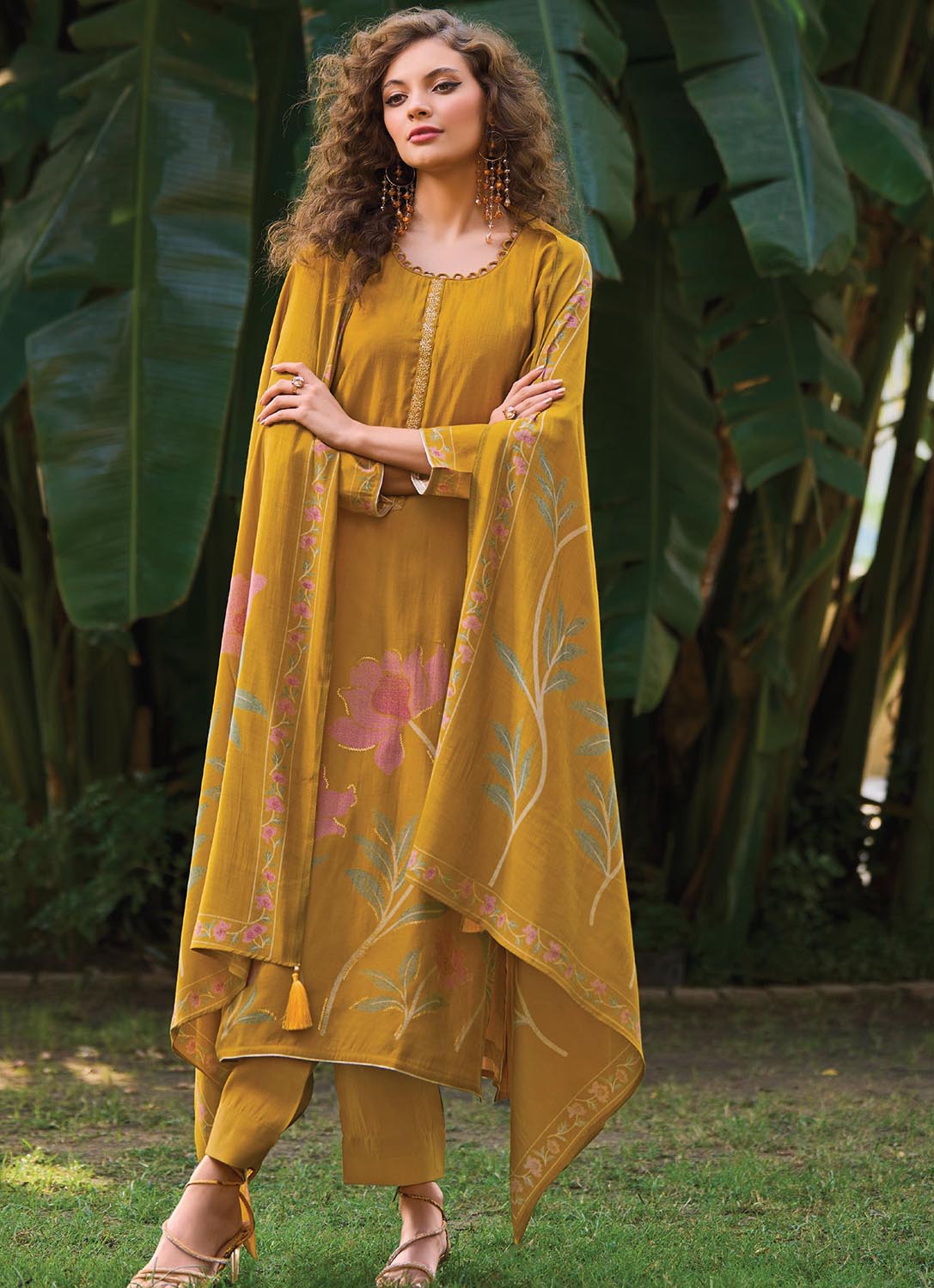 Pure Muslin Unstitched Yellow Printed Women Salwar Suit Dress Material Kilory Trends