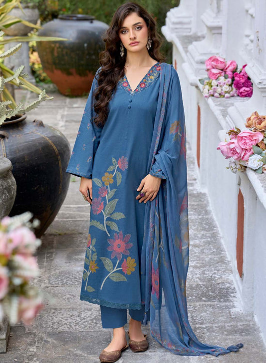 Women’s Blue Unstitched Cotton Suit Dress Material with Chiffon Dupatta