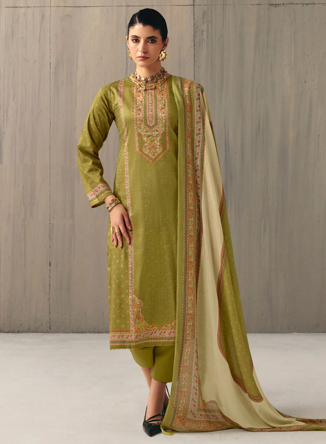 Green Unstitched Cotton Salwar Suit Dress Material for Women