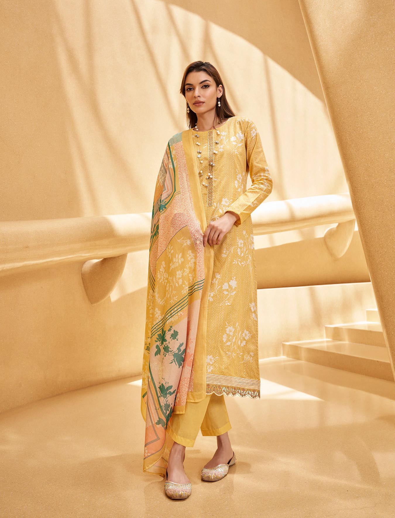 Mumtaz Arts Unstitched Women Lawn Cotton Suit Set Yellow Mumtaz Arts