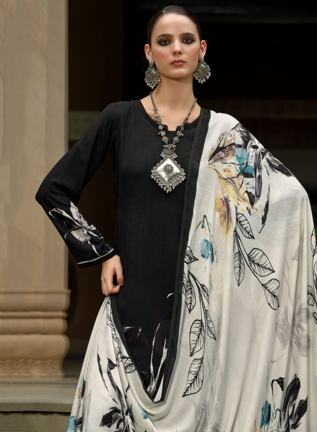 Black Unstitched Pashmina Winter Salwar Suit Fabric Material for Women