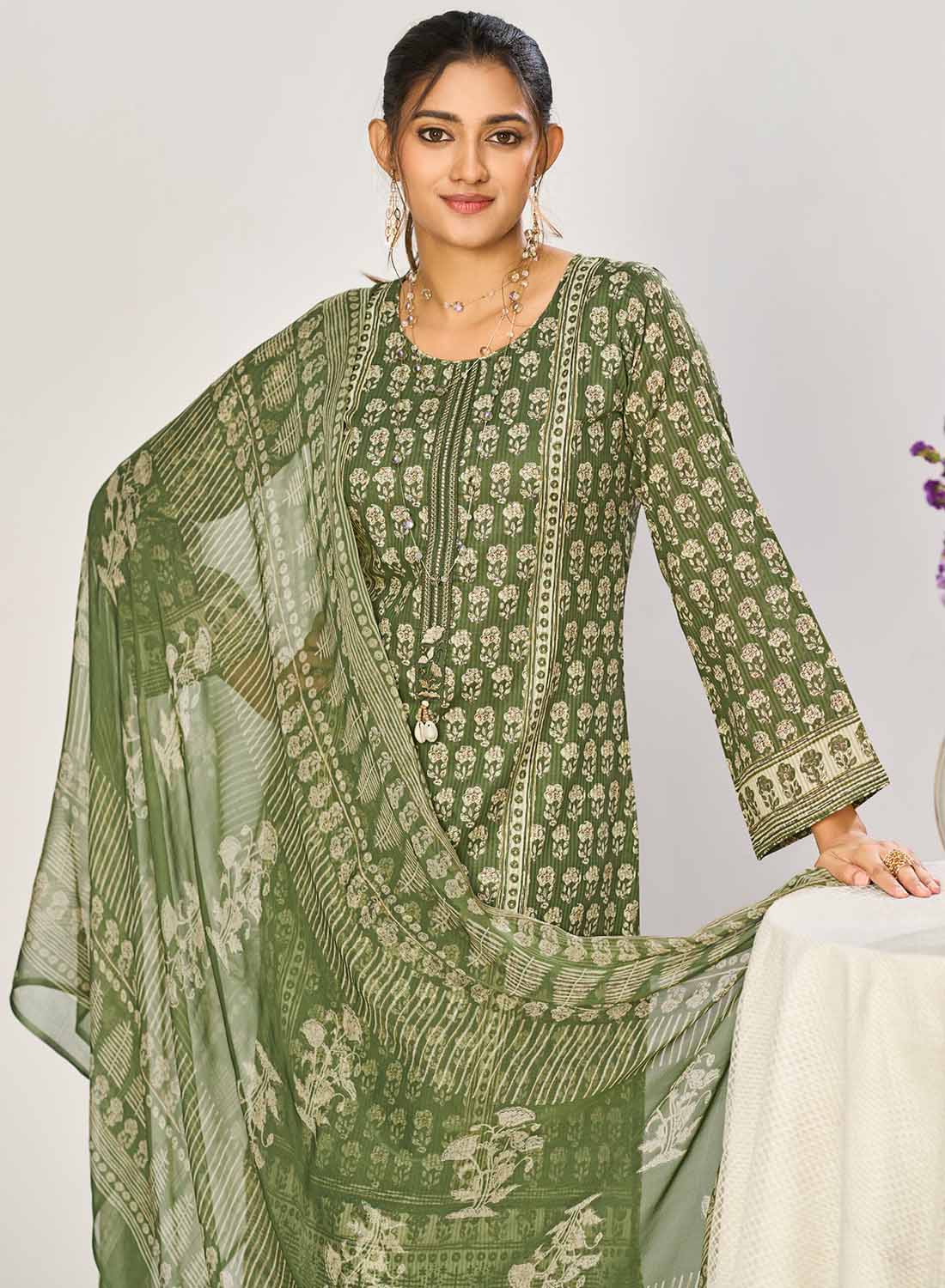 Green Pure Cotton Unstitched Suit Material with Dupatta for Women