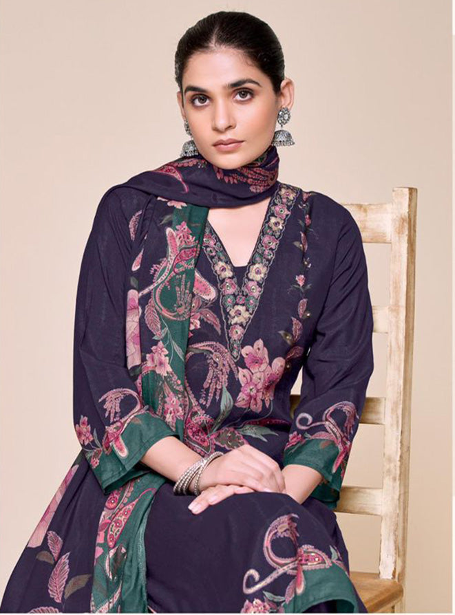 Purple Party Wear Pure Muslin Unstitched Suit Set Fabric with Embroidery