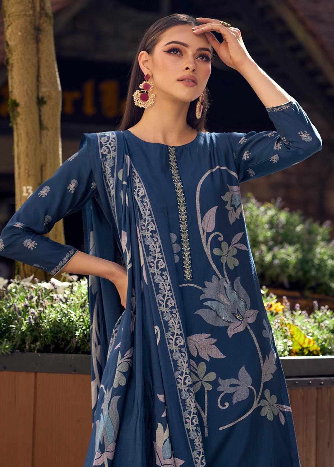 Party Wear Pure Viscose Muslin Unstitched Printed Suit Blue Kilory Trends
