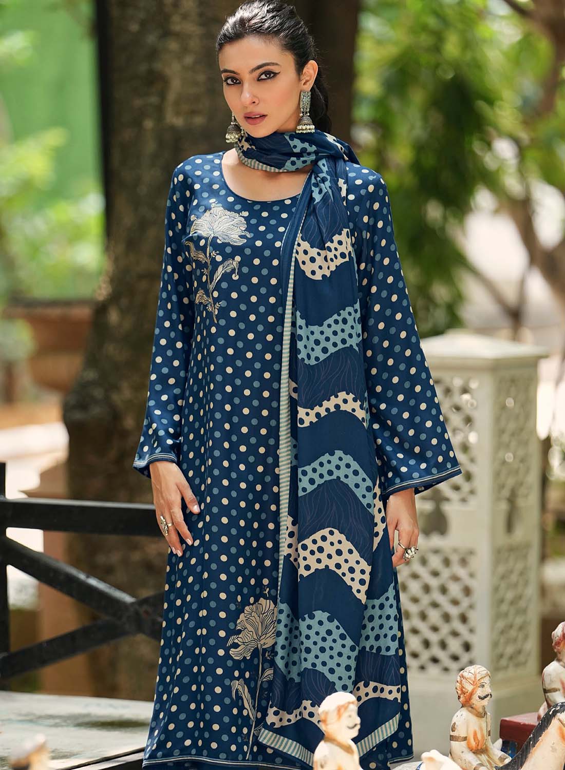 Unstitched Blue Woolen Pashmina Winter Suit Material for Women