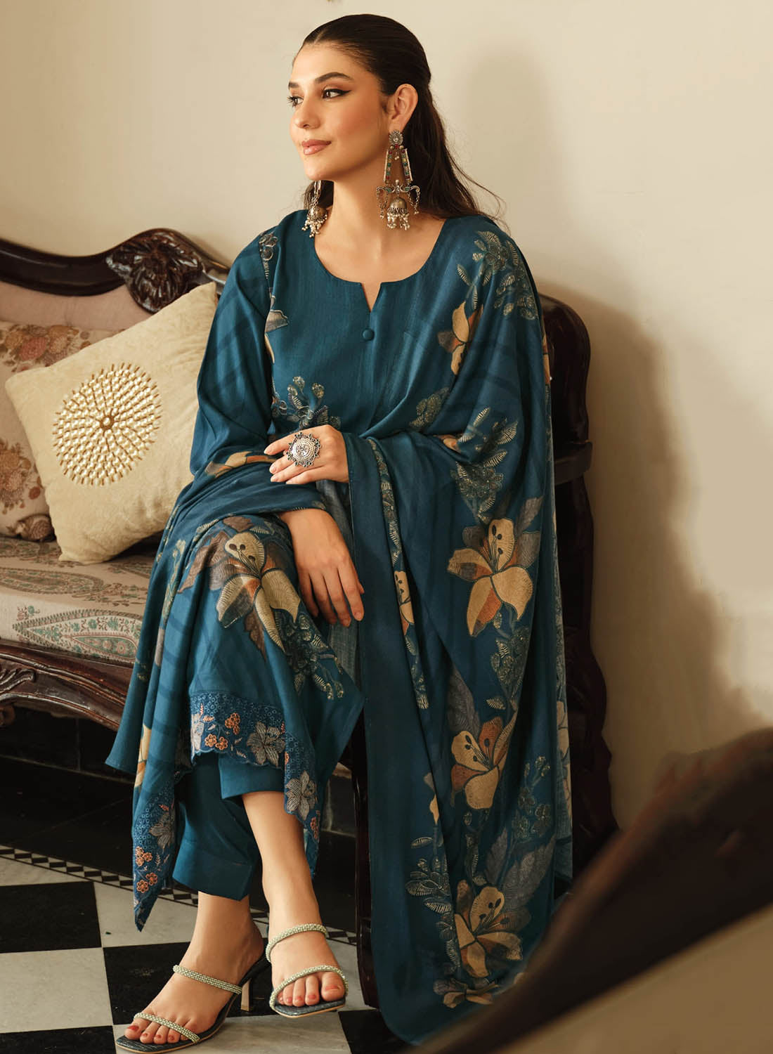 Teal Blue Pashmina Unstitched Winter Salwar Suit Set Material for Women