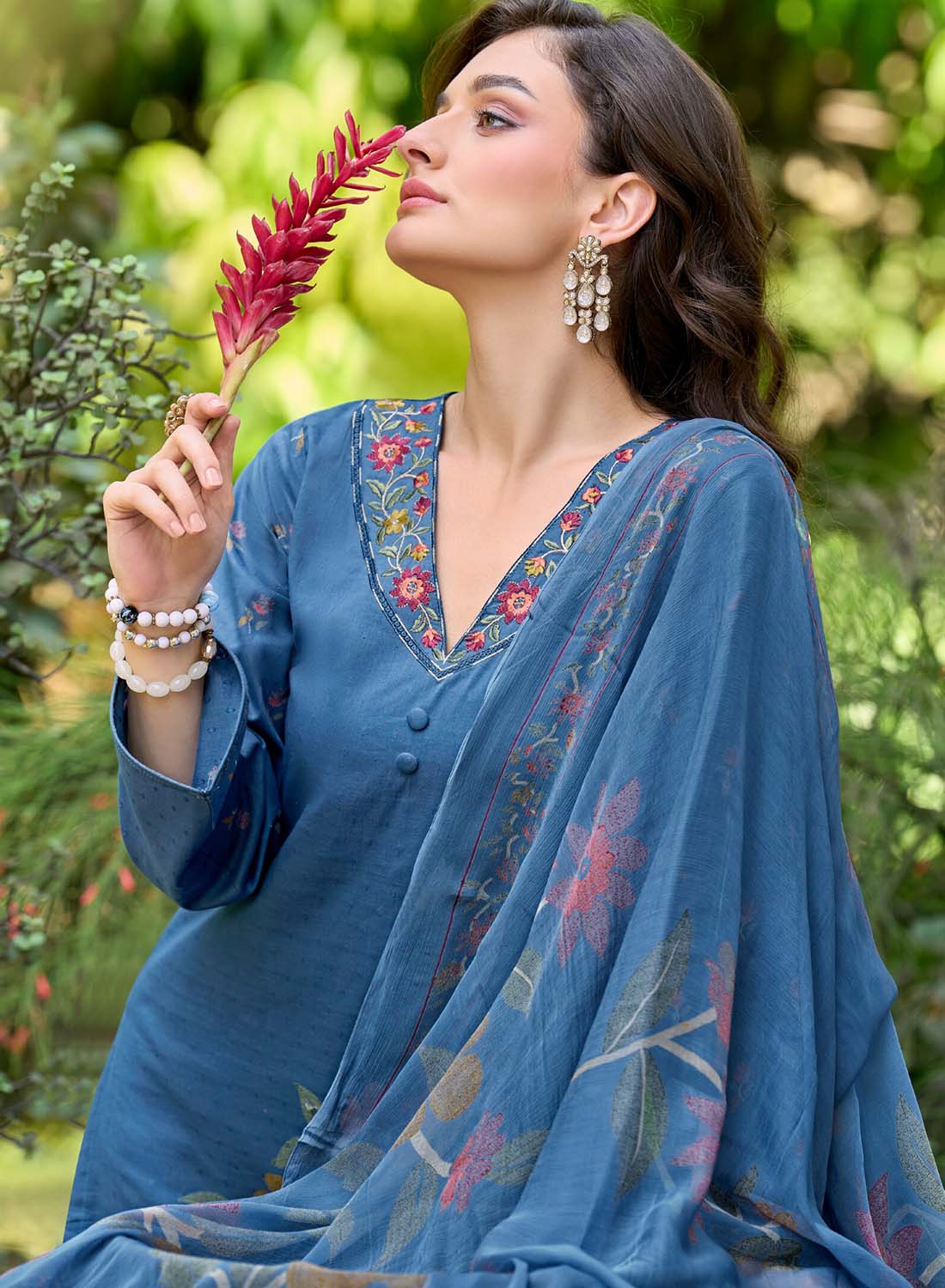 Women’s Blue Unstitched Cotton Suit Dress Material with Chiffon Dupatta