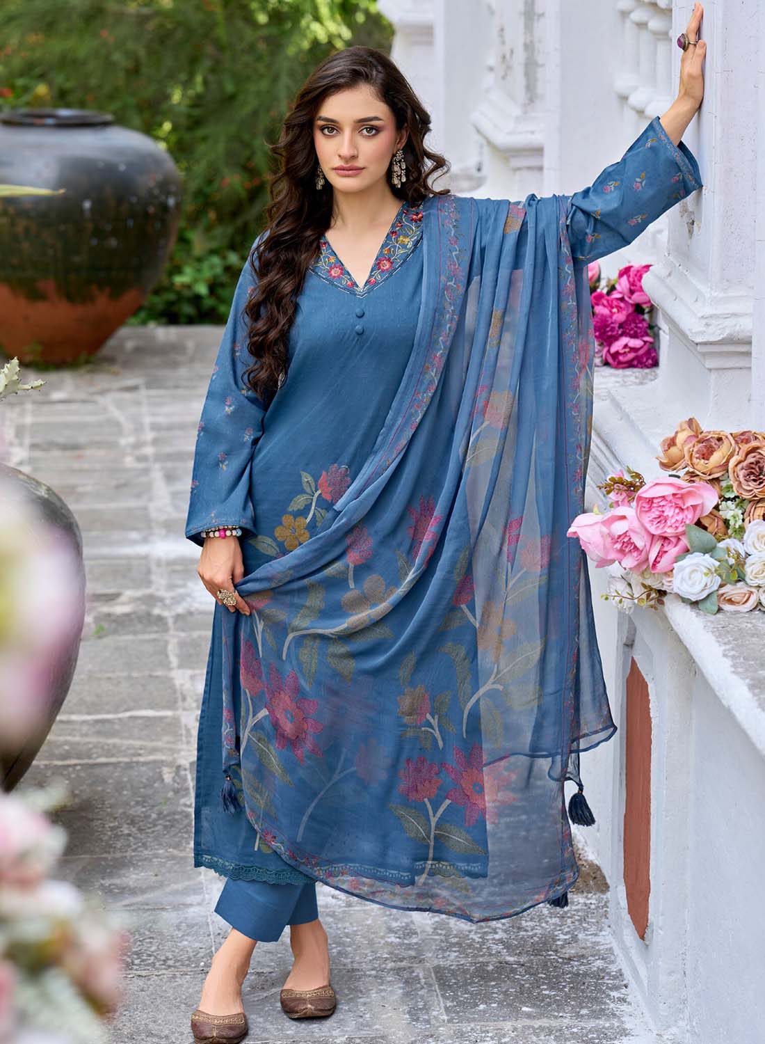 Women’s Blue Unstitched Cotton Suit Dress Material with Chiffon Dupatta