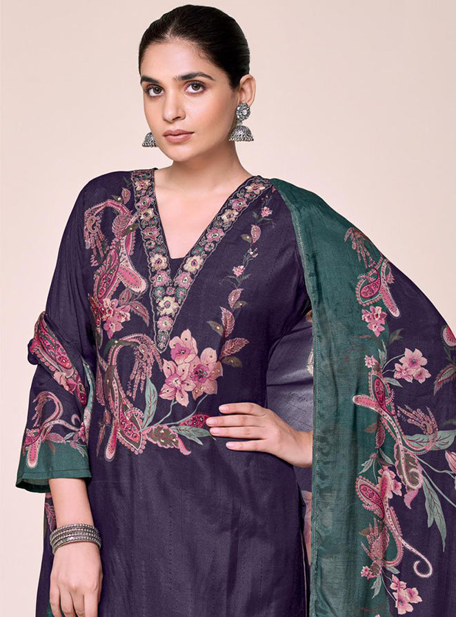 Purple Party Wear Pure Muslin Unstitched Suit Set Fabric with Embroidery