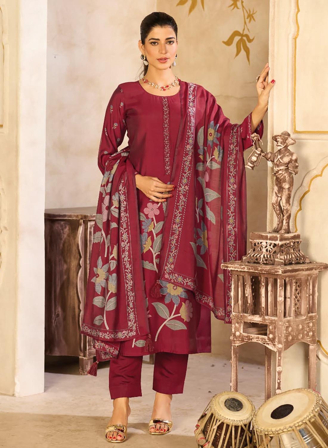 Maroon Party Wear Muslin Silk Unstitched Salwar Suit Dress Material