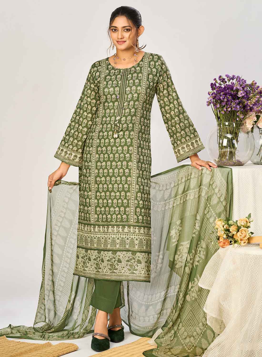 Green Pure Cotton Unstitched Suit Material with Dupatta for Women