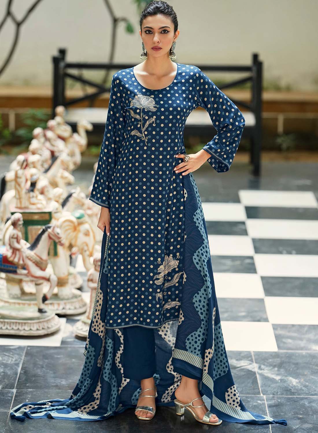 Unstitched Blue Woolen Pashmina Winter Suit Material for Women