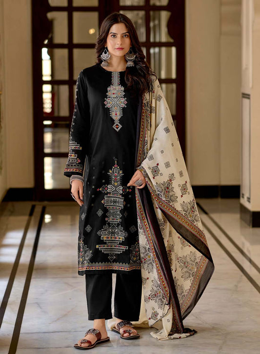 Unstitched Cambric Cotton Suit Black Dress Material with Embroidery