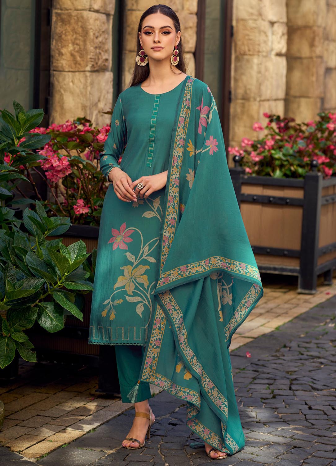 Party Wear Pure Muslin Unstitched Printed Women Salwar Suit Teal Kilory Trends