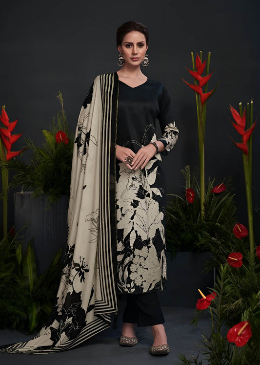 Black Cotton Silk Unstitched Suit Material with Dupatta for Women