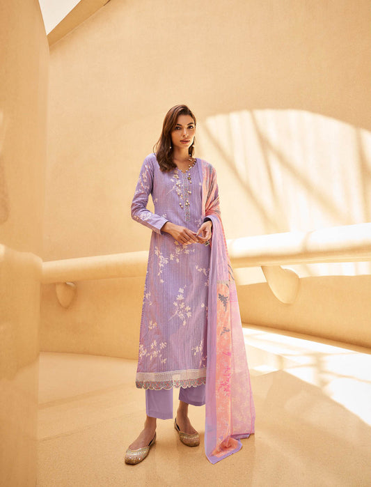 Mumtaz Arts Unstitched Women Lawn Cotton Suit Set Purple