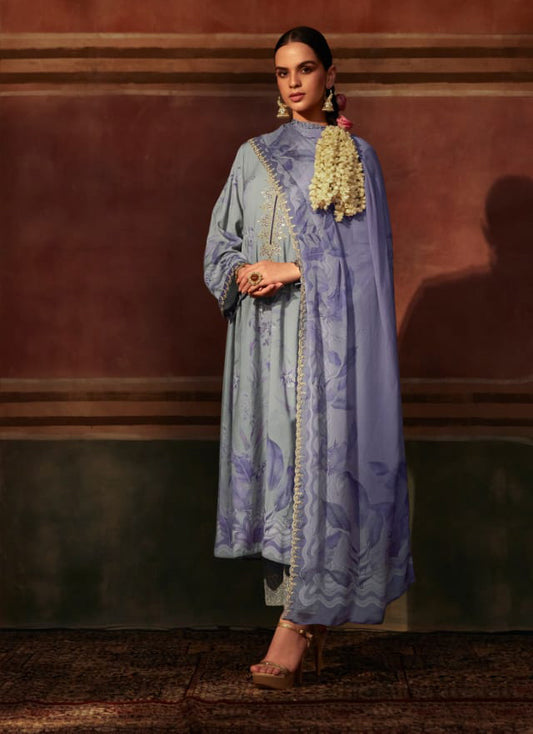 Pure Muslin Blue Unstitched Suit Dress Material with Embroidery