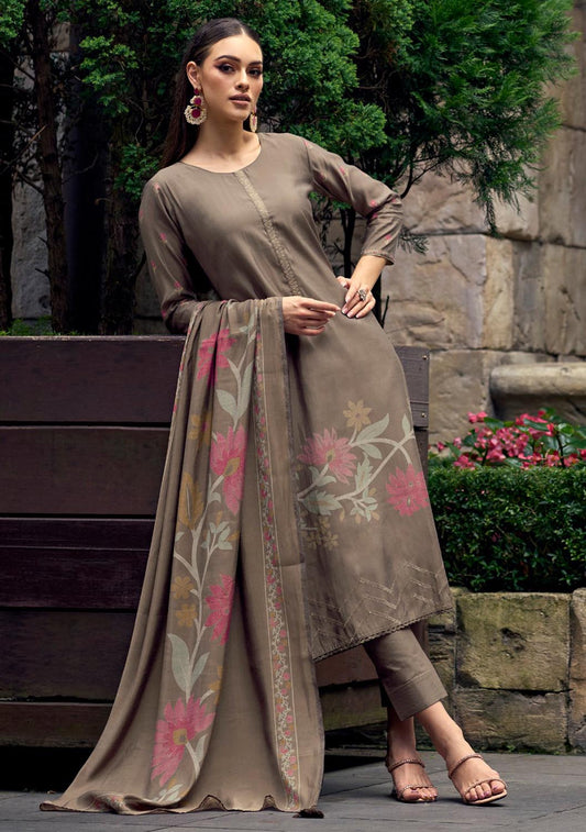 Party Wear Pure Muslin Unstitched Printed Women Salwar Suit Brown