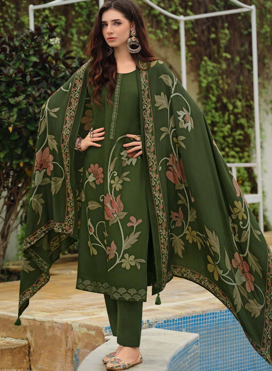 Party Wear Green Unstitched Pashmina Winter Suit Material for Women