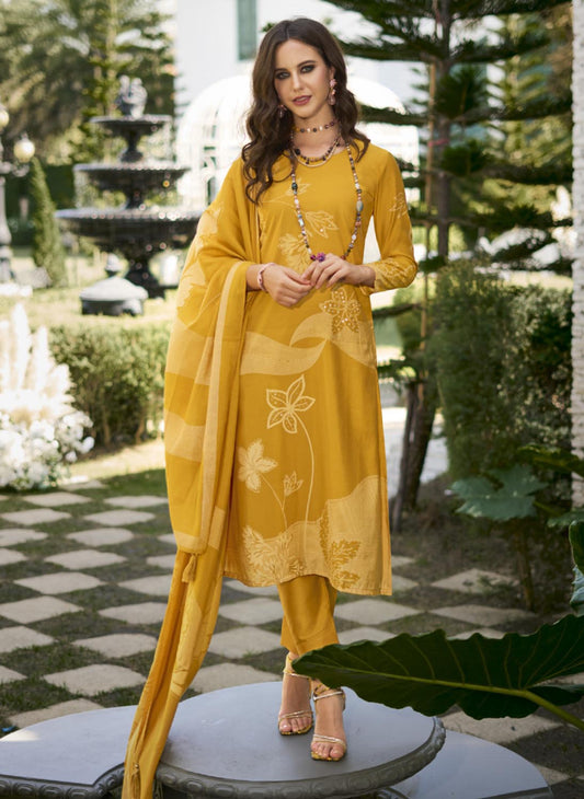 Kilory Party Wear Yellow Muslin Unstitched Salwar Suit Dress Material