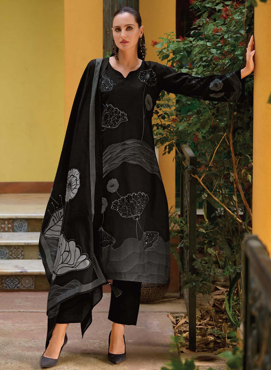 Black Party Wear Muslin Unstitched Suit Material for Women