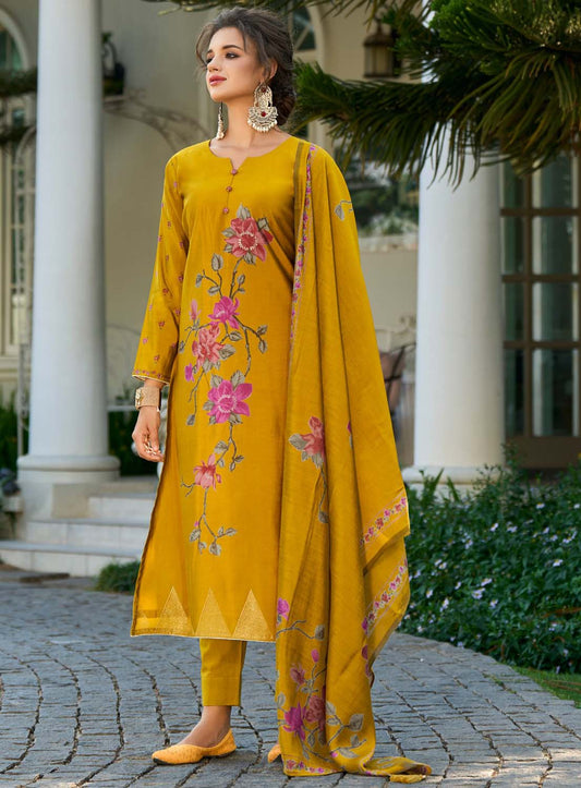 Kilory Pure Muslin Yellow Unstitched Suit Dress Material for Women