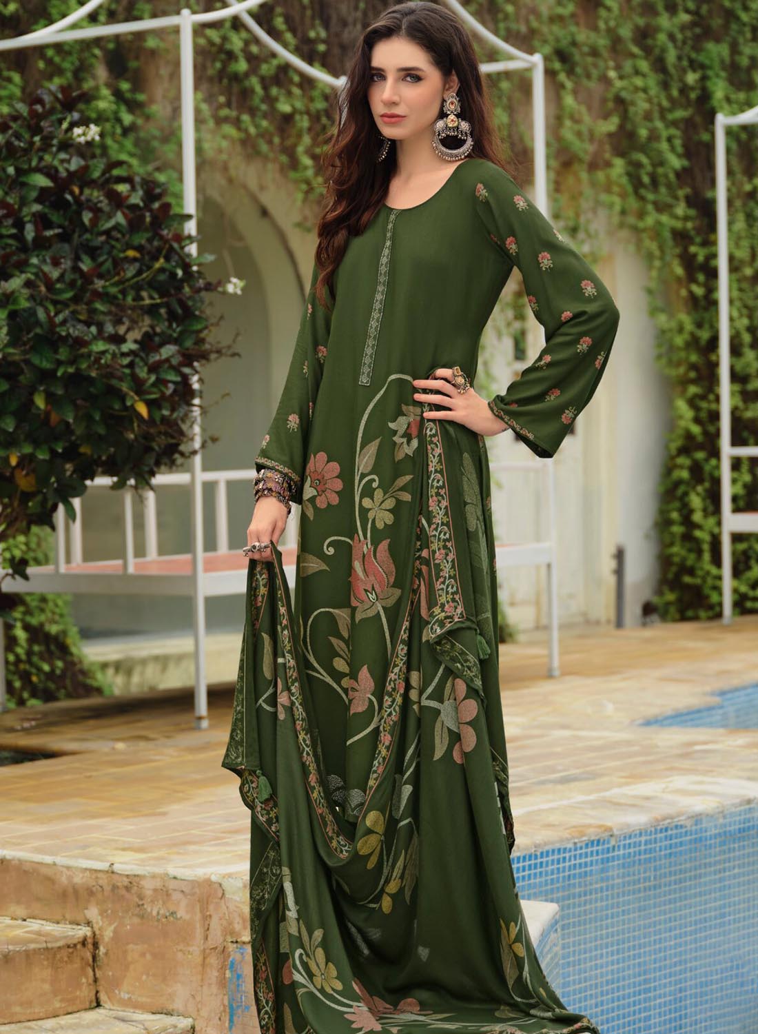 Party Wear Green Unstitched Pashmina Winter Suit Material for Women