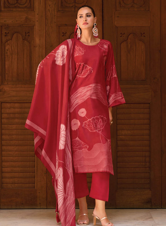 Red Party Wear Muslin Unstitched Suit Material for Women
