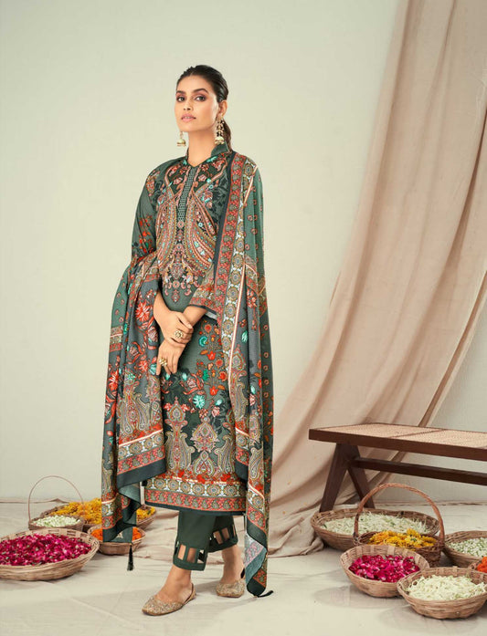 Kesar Lawn Cotton Unstitched Pakistani Print Suits Green