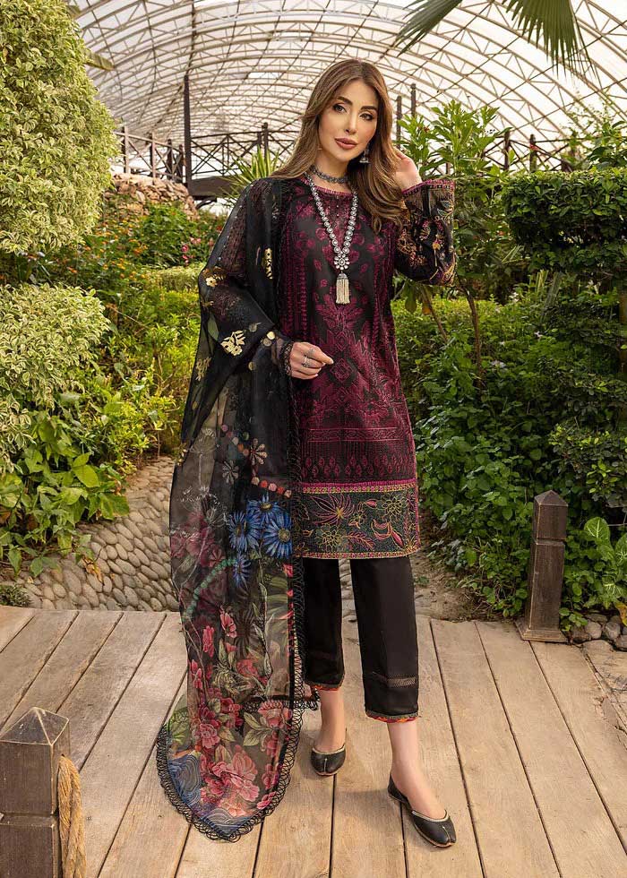 Arzoo Embroidered Unstitched Black Pakistani Lawn Suits with Organza Dupatta - Stilento