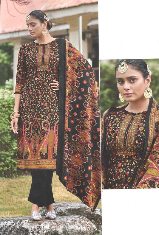 Roli Moli Pashmina Jacquard Black Unstitched Winter Suits Set
