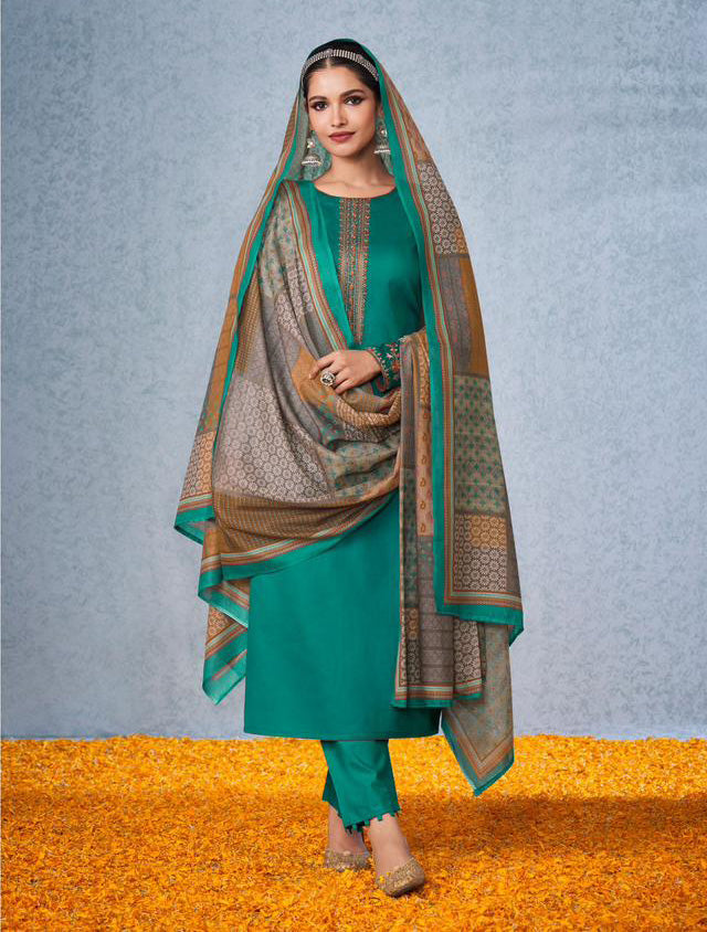 Mumtaz Arts Unstitched Cotton Satin Green Salwar Suit Material