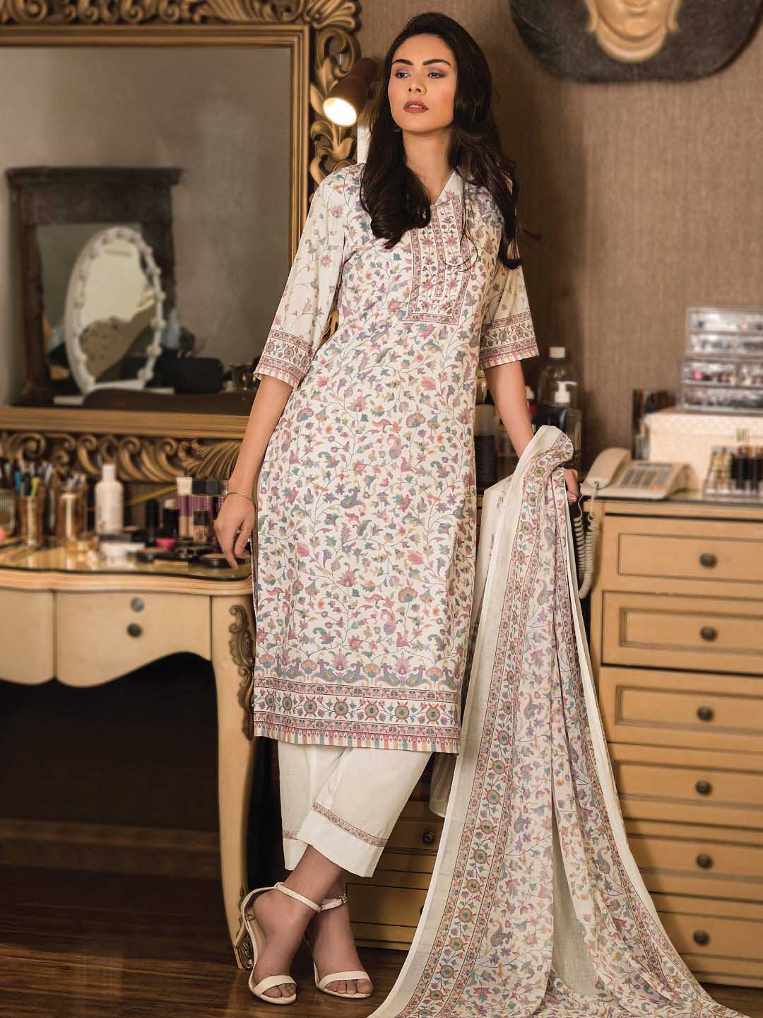Pure Cotton Printed Unstitched Cream Women Suits Dress Material