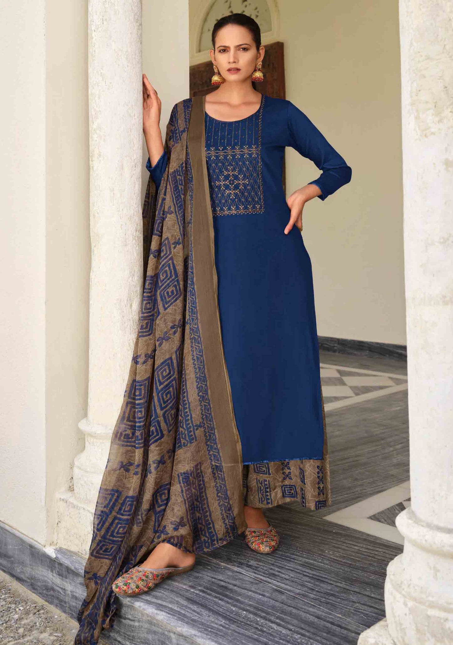 Pure Jam Cotton Unstitched Blue Women Suits Material with Embroidery
