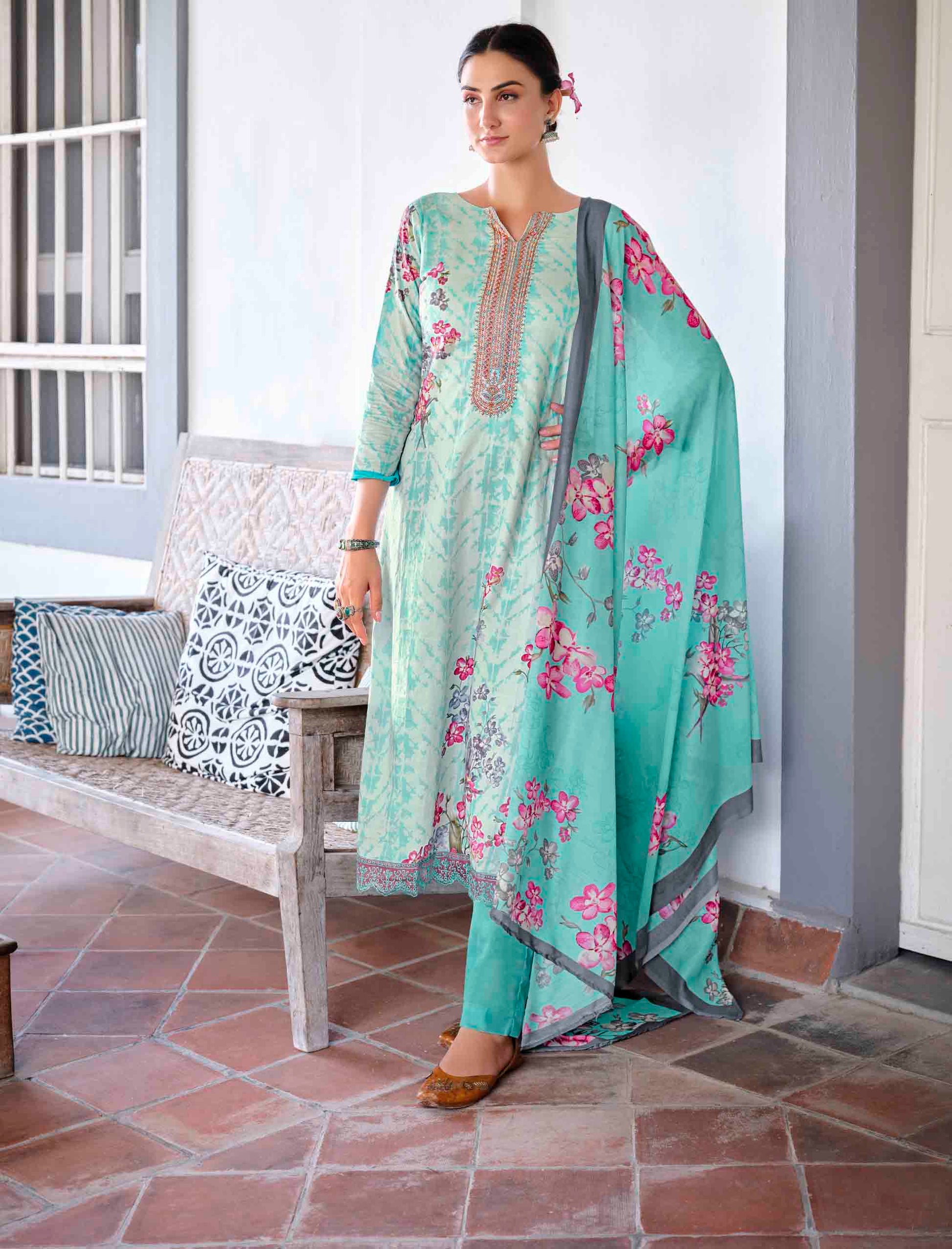 Lawn Cotton Unstitched Women Suits Aqua Embroidery Dress Materials - Stilento