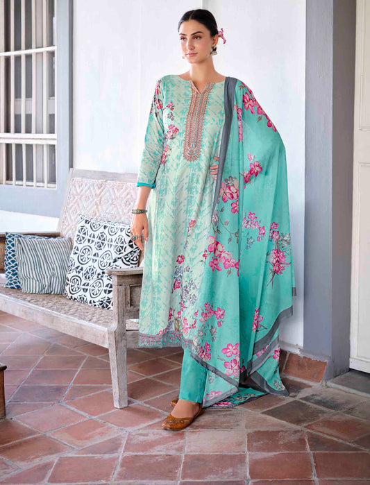 Lawn Cotton Unstitched Women Suits Aqua Embroidery Dress Materials