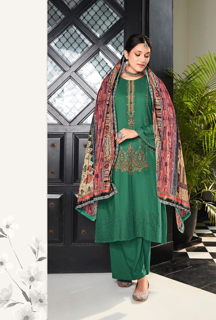 Unstitched Pure Staple Pashmina Embroidered Green Winter Suits with Velvet Dupatta - Stilento