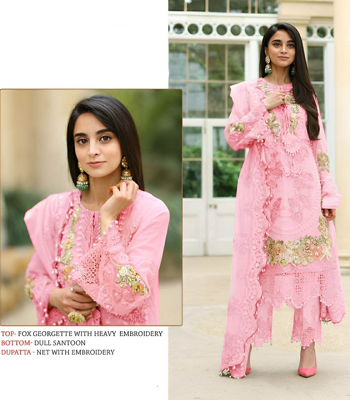 Faux Georgette Pakistani Style Unstitched Pink Suits With Net Dupatta - Stilento