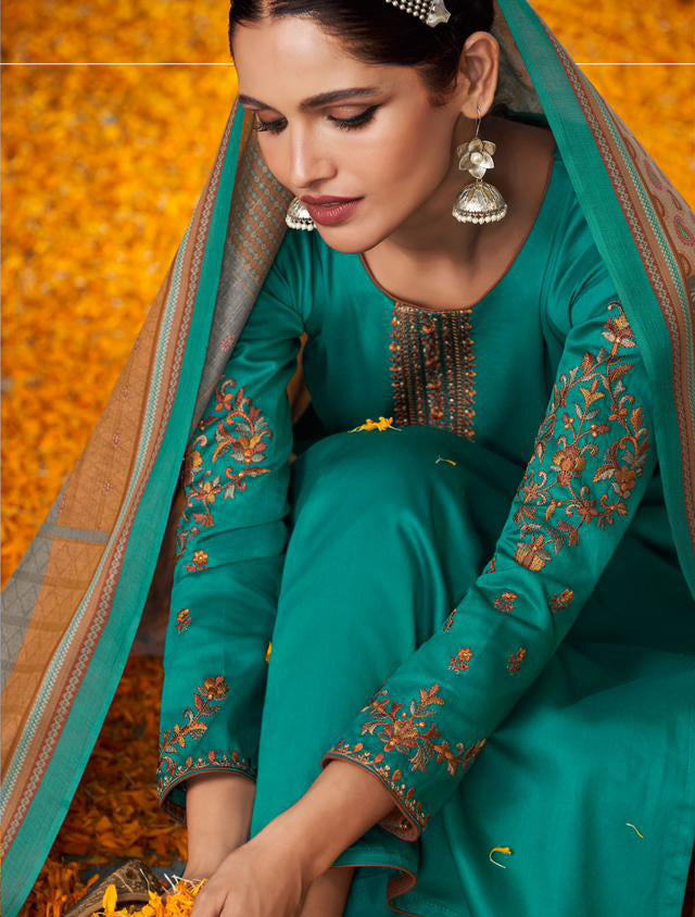 Mumtaz Arts Unstitched Cotton Satin Green Salwar Suit Material