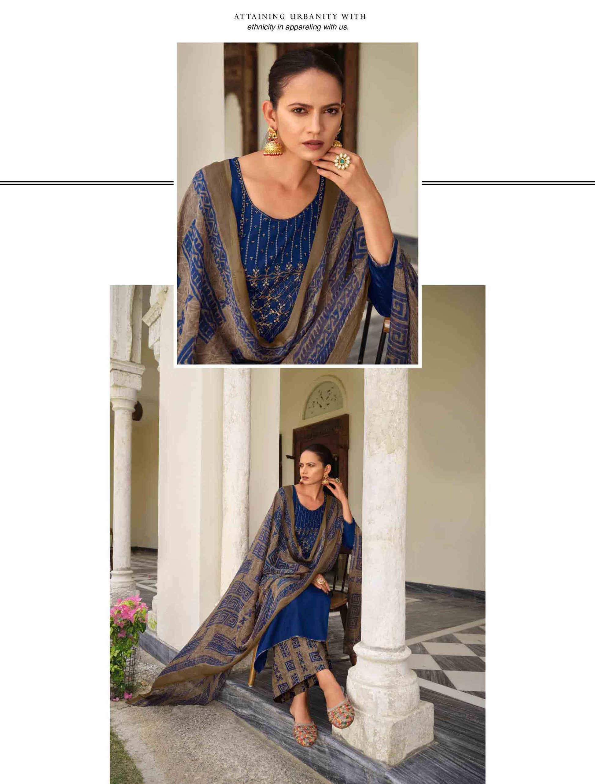 Pure Jam Cotton Unstitched Blue Women Suits Material with Embroidery
