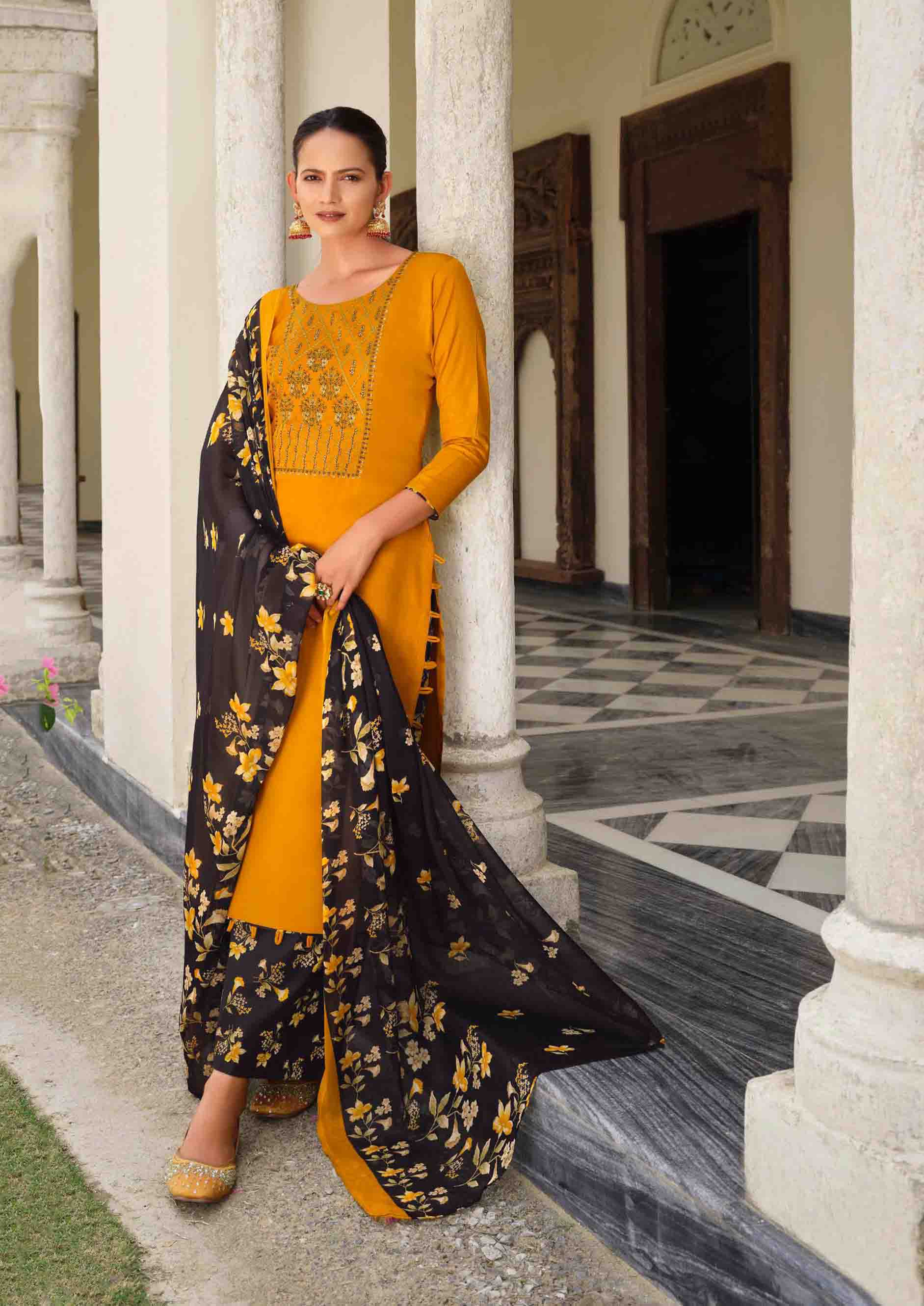 Pure Jam Cotton Unstitched Yellow Women Suits Material with Embroidery