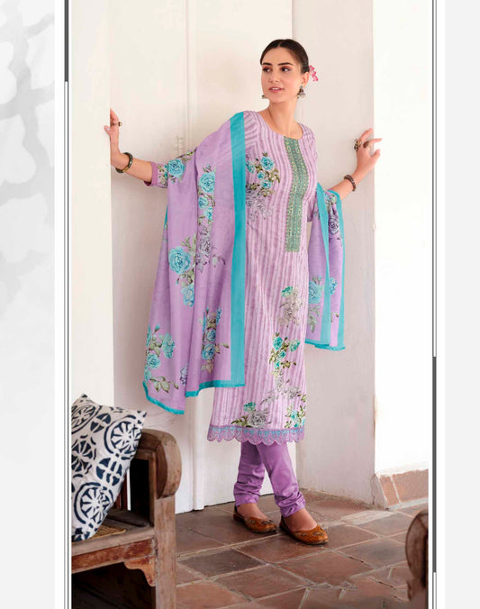 Lawn Cotton Unstitched Women Suits Purple Embroidery Dress Materials