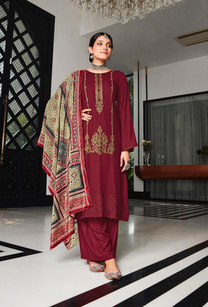 Unstitched Pure Staple Pashmina Embroidered Maroon Winter Suits with Velvet Dupatta - Stilento