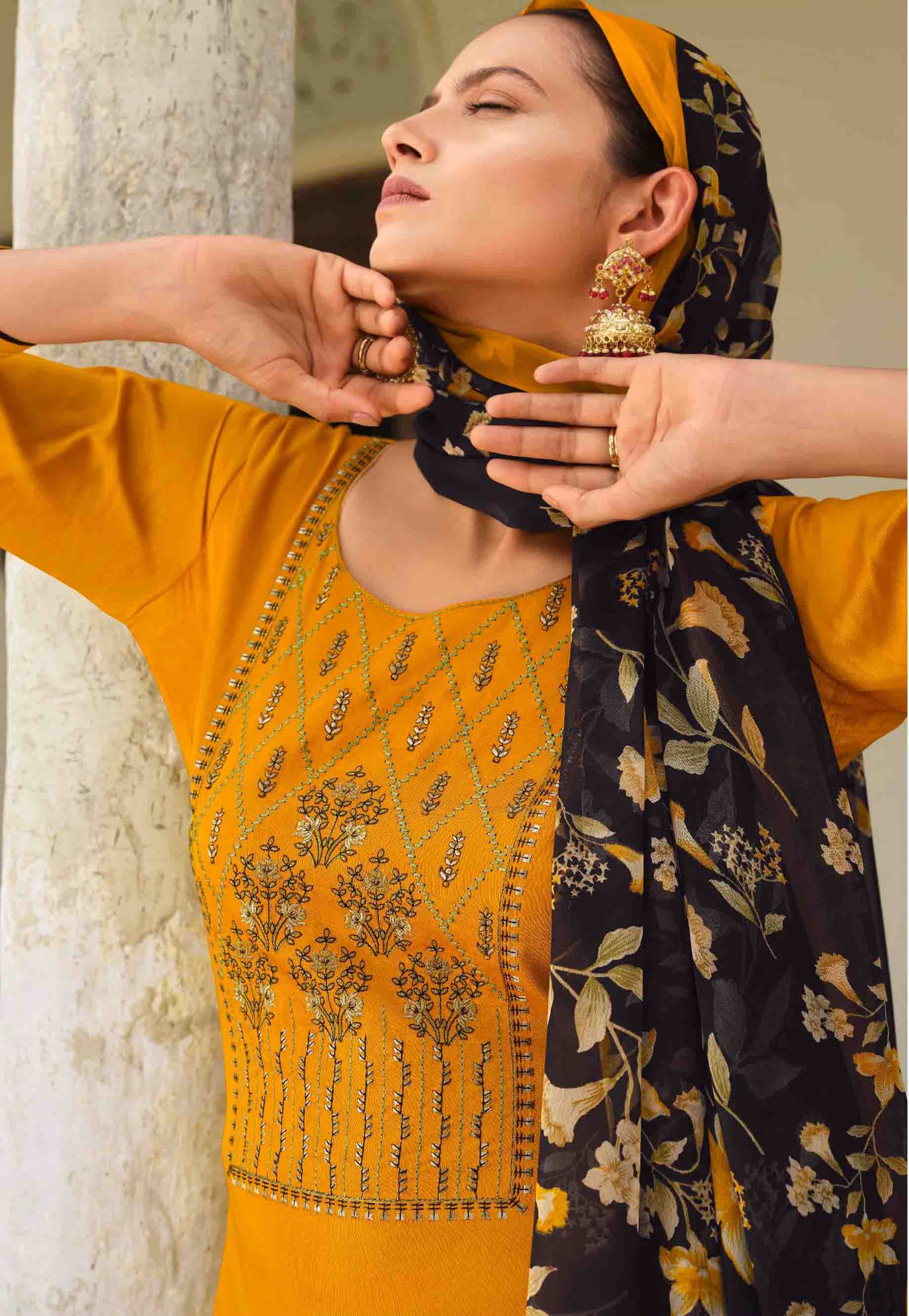 Pure Jam Cotton Unstitched Yellow Women Suits Material with Embroidery