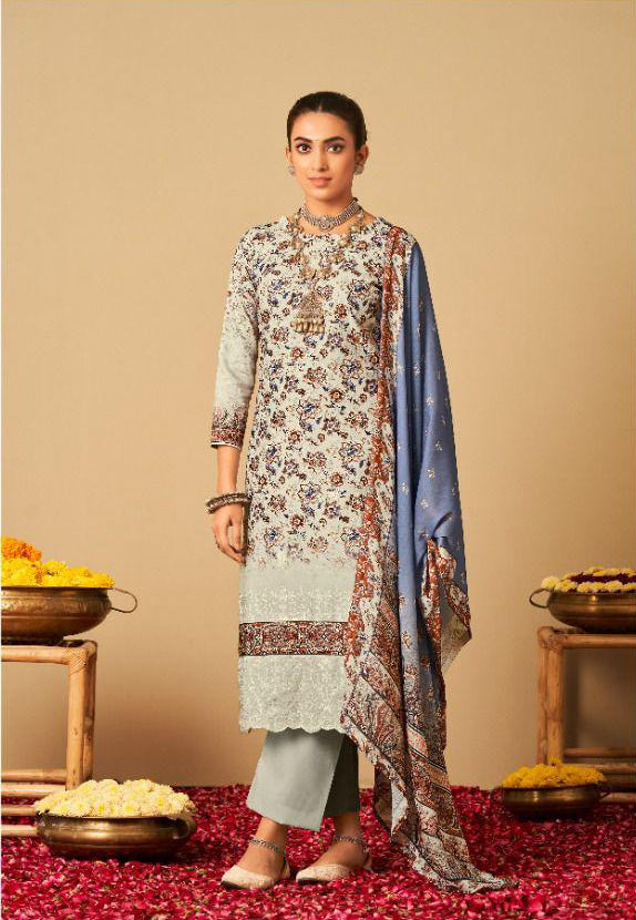 Rayon Pashmina Unstitched Cream Winter Printed Suits Set with Embroidery - Stilento