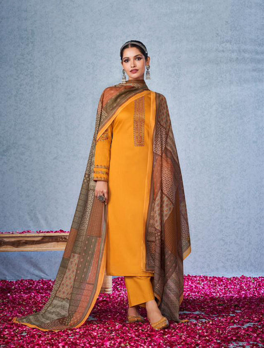 Mumtaz Arts Unstitched Cotton Satin Mustard Salwar Suit Material