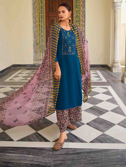 Pure Jam Cotton Unstitched Blue Women Suits Material with Embroidery